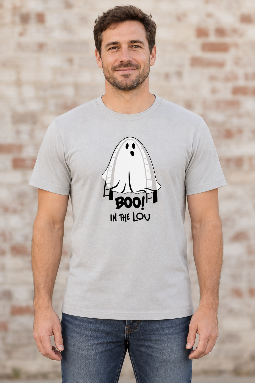 AI-generated front-view mockup of a man wearing the untucked Boo in the Lou tee
