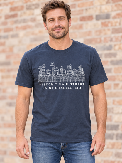 AI-generated front-view mockup of a man wearing the untucked Historic Main Street tee